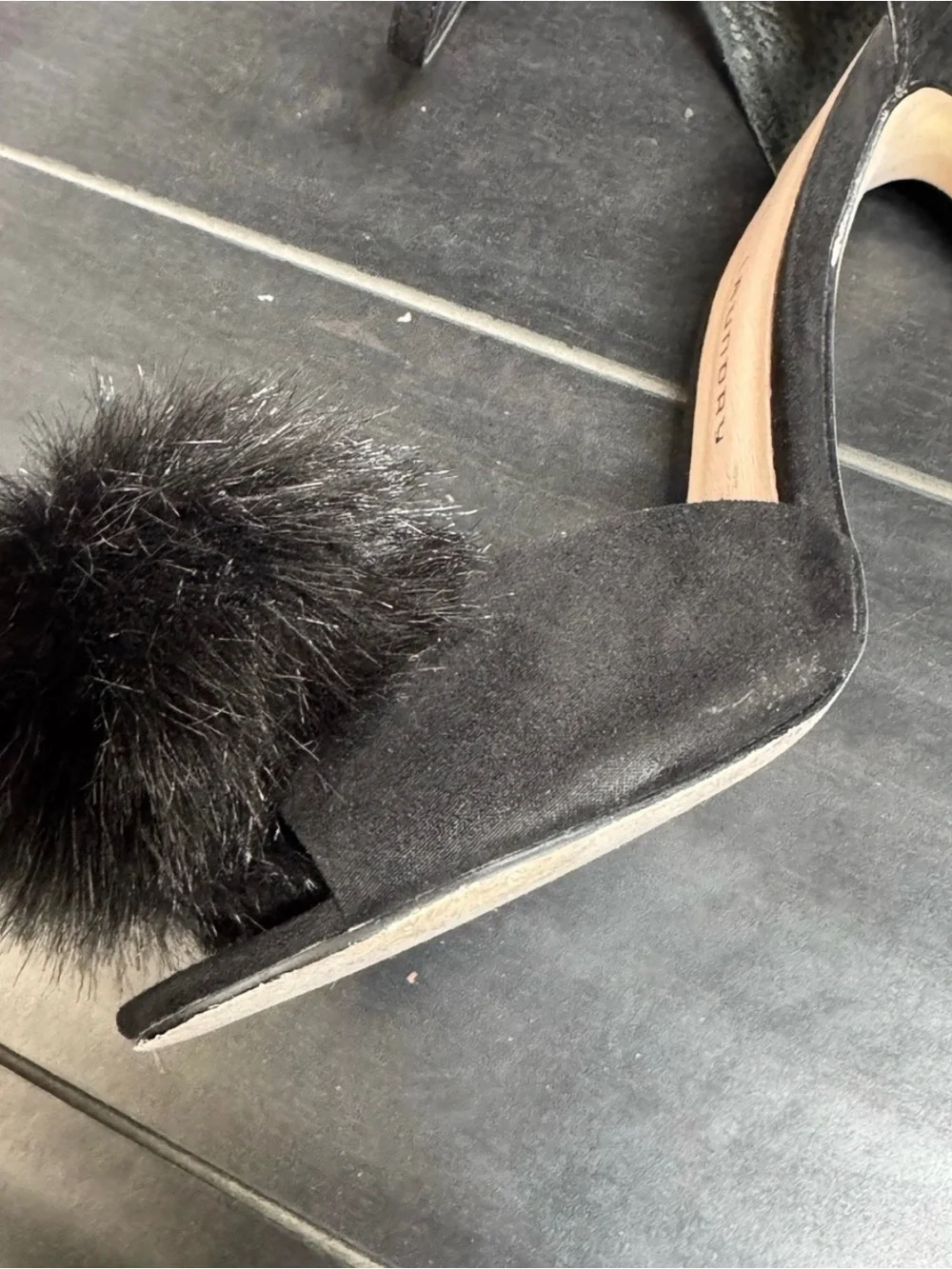 Chinese Laundry Black Ankle-Strap Heels with Pom-Pom
